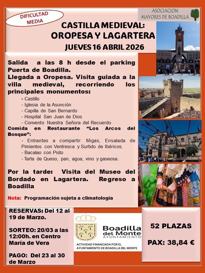 EXC. CASTILLA MEDIEVAL: OROPESA Y LAGARTERA (JUEVES 16/04/2026)