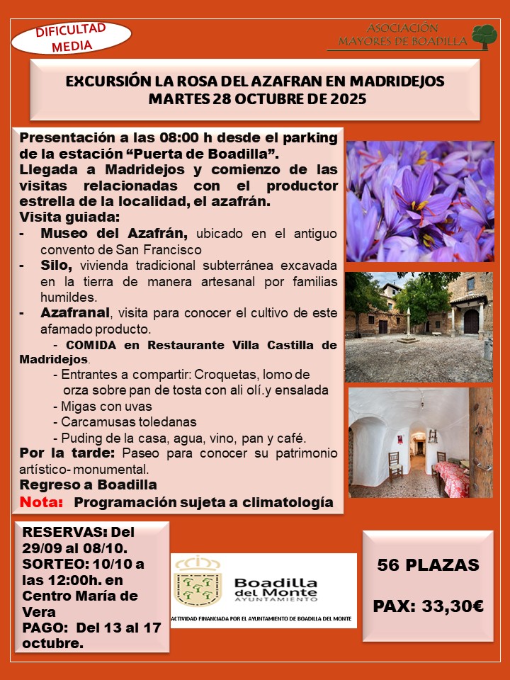 EXC. MADRIDEJOS 28 OCT. 2025: SALIDA 8h  PARKING PUERTA BOADILLA